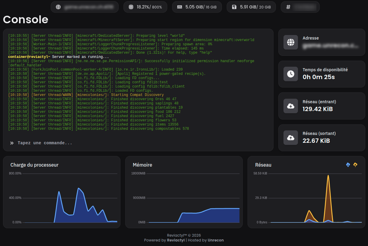 Konsole eines Gameservers im Kundenbereich, mit Diagrammen zu Prozessor, Arbeitsspeicher und Netzwerk.