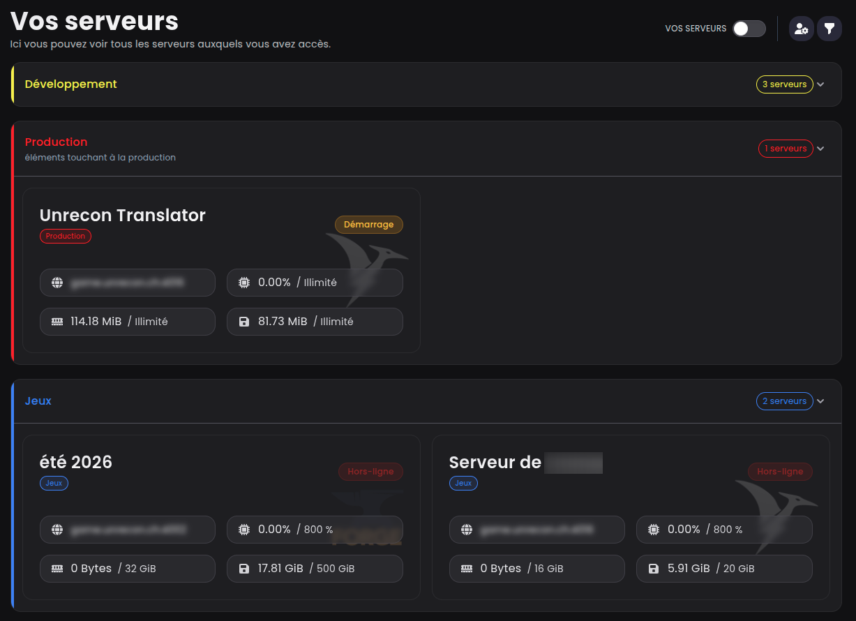 Unrecon-Kundenbereich: Ihre Server mit Status und Ressourcen.