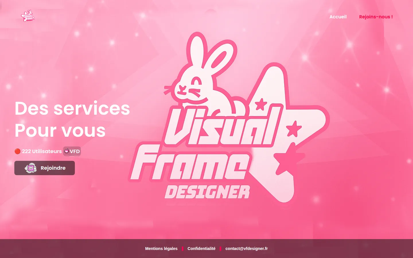 Startseite von vfdesigner.fr: das Logo von Visual Frame Designer, ein Hase auf einem Stern, auf rosa Hintergrund.
